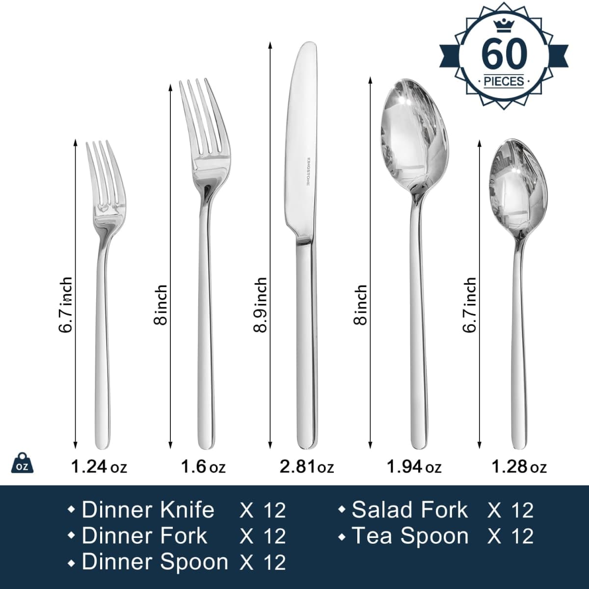 KINGSTONE Silverware Sets, 60 Piece Flatware Set for 12, 18/10 Stainless Steel Cutlery Set Mirror Polished Modern Design Dishwasher Safe thumbnail 2