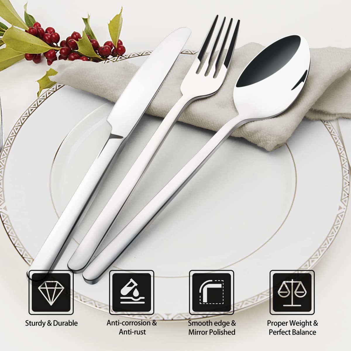 KINGSTONE Silverware Sets, 60 Piece Flatware Set for 12, 18/10 Stainless Steel Cutlery Set Mirror Polished Modern Design Dishwasher Safe thumbnail 3