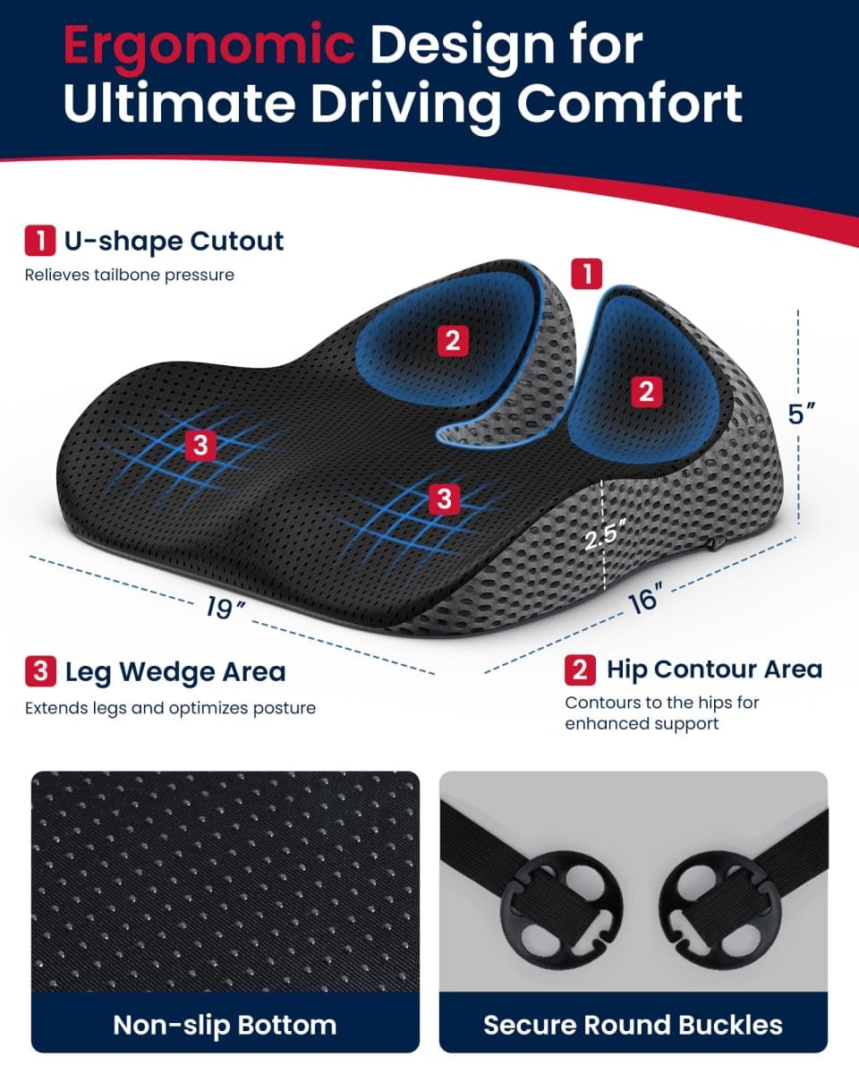 ADERI Gel Wedge Car Seat Cushion for Driving Relieves Tailbone Pain, Composite Gel Memory Foam for Cool & Support Comfort, Ergonomic Car Seat Pillow, Elevated Back for Wider Vision, Anti-Slip Design thumbnail 2