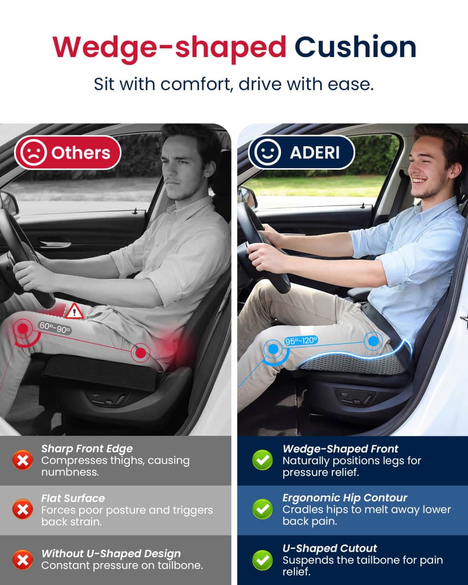 ADERI Gel Wedge Car Seat Cushion for Driving Relieves Tailbone Pain, Composite Gel Memory Foam for Cool & Support Comfort, Ergonomic Car Seat Pillow, Elevated Back for Wider Vision, Anti-Slip Design thumbnail 3