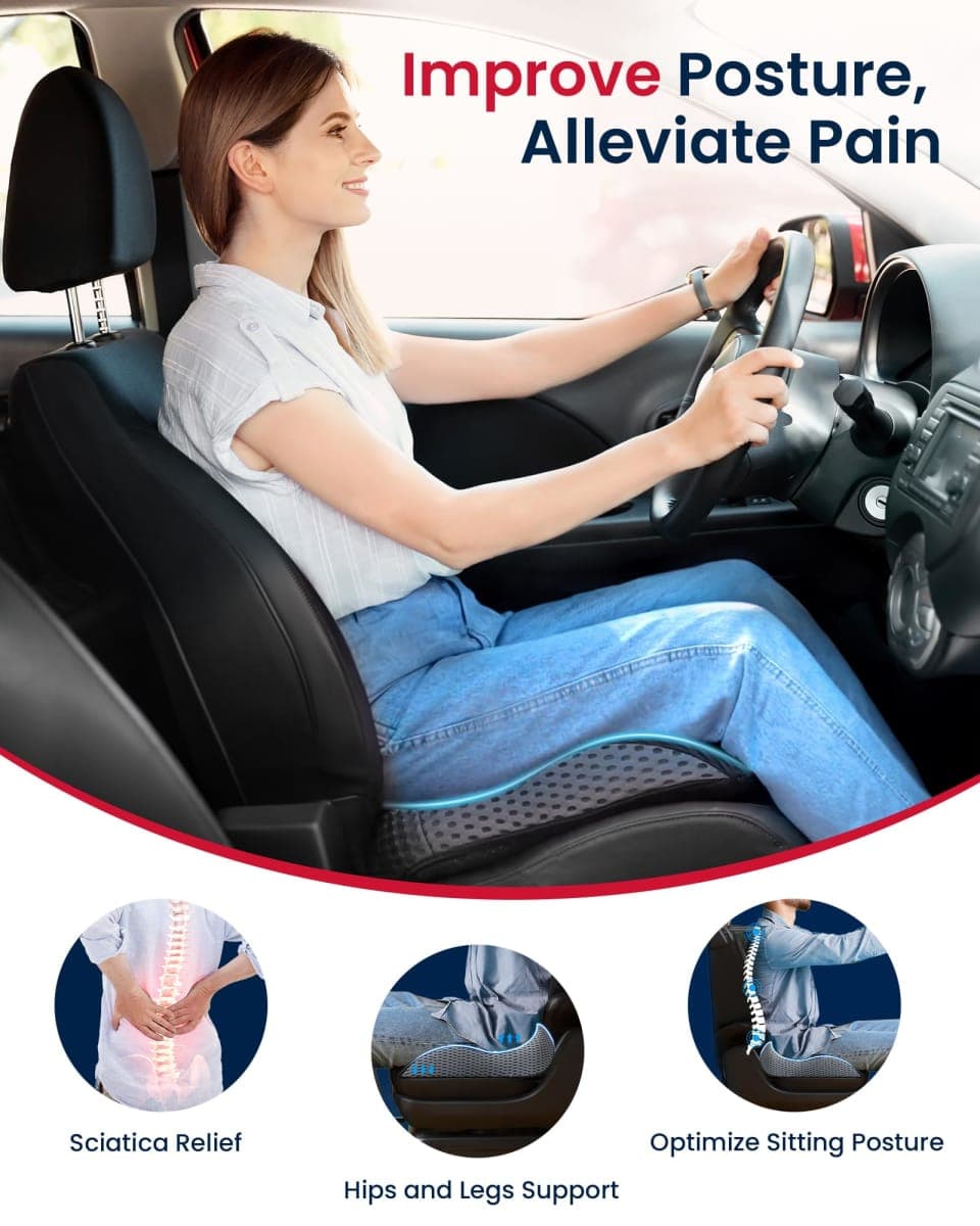 ADERI Gel Wedge Car Seat Cushion for Driving Relieves Tailbone Pain, Composite Gel Memory Foam for Cool & Support Comfort, Ergonomic Car Seat Pillow, Elevated Back for Wider Vision, Anti-Slip Design thumbnail 4