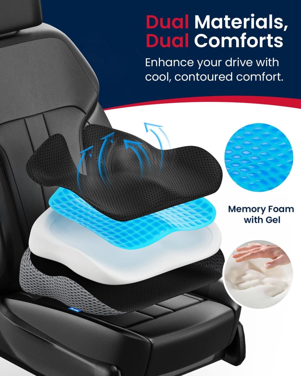 ADERI Gel Wedge Car Seat Cushion for Driving Relieves Tailbone Pain, Composite Gel Memory Foam for Cool & Support Comfort, Ergonomic Car Seat Pillow, Elevated Back for Wider Vision, Anti-Slip Design thumbnail 5