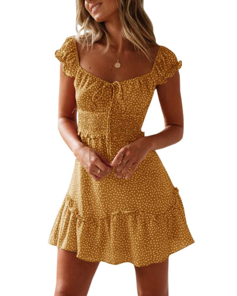 YOBECHO Womens Summer Ruffle Sleeve Sweetheart Neckline Printing Dress Mini Dresses, Yellow, Medium — image 1