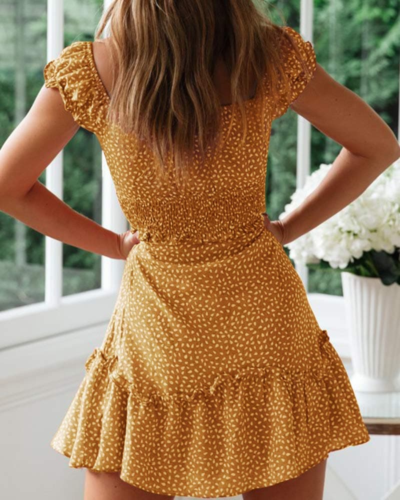 YOBECHO Womens Summer Ruffle Sleeve Sweetheart Neckline Printing Dress Mini Dresses, Yellow, Medium thumbnail 3