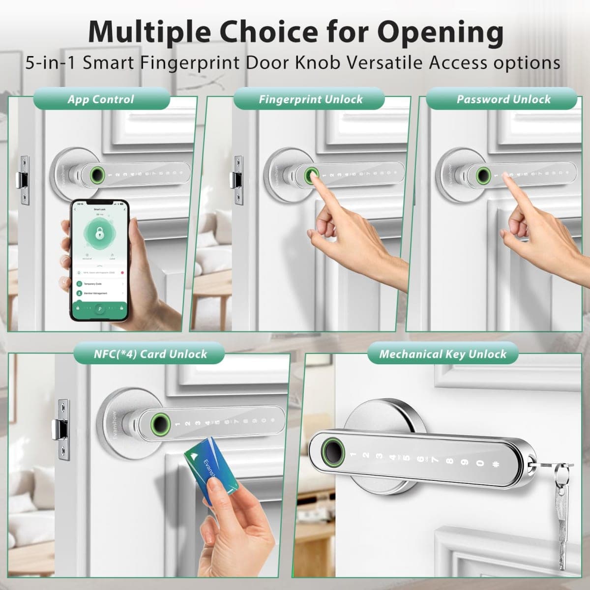 Evanshow Smart Door Lock with Knob, Keyless Entry Door Locks with Handle, Fingerprint Door Knob for Bedroom/Front Door/Apartment,Generate Passcode Remotely Silver thumbnail 2