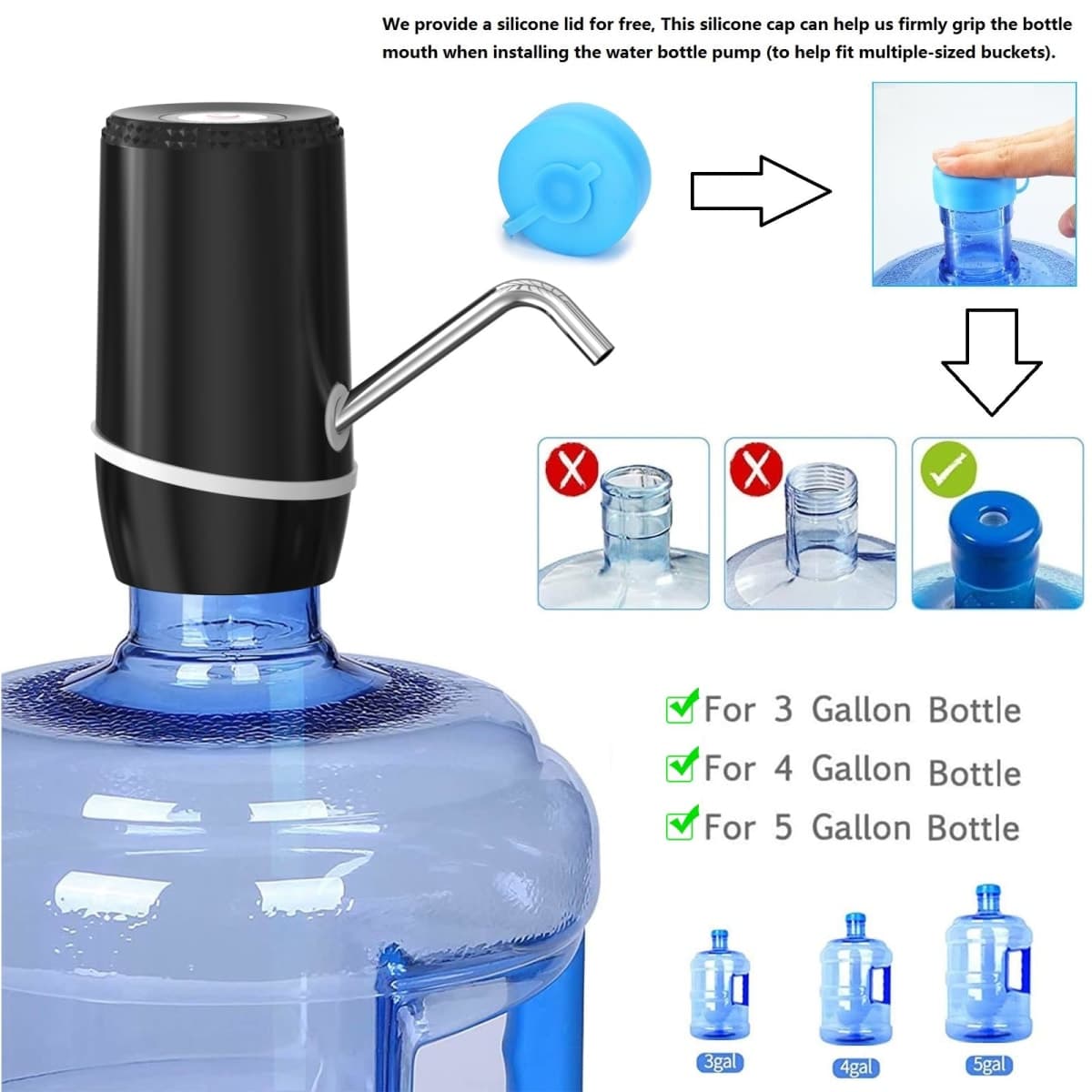 Myvision Water Dispenser for 5 Gallon Bottle,Portable USB Charging Electric Water Pump, Drinking Water Jug Pump for Home, Kitchen, Living Room, Office,Camping,Universal for 3-5 Gallon (Black) thumbnail 4