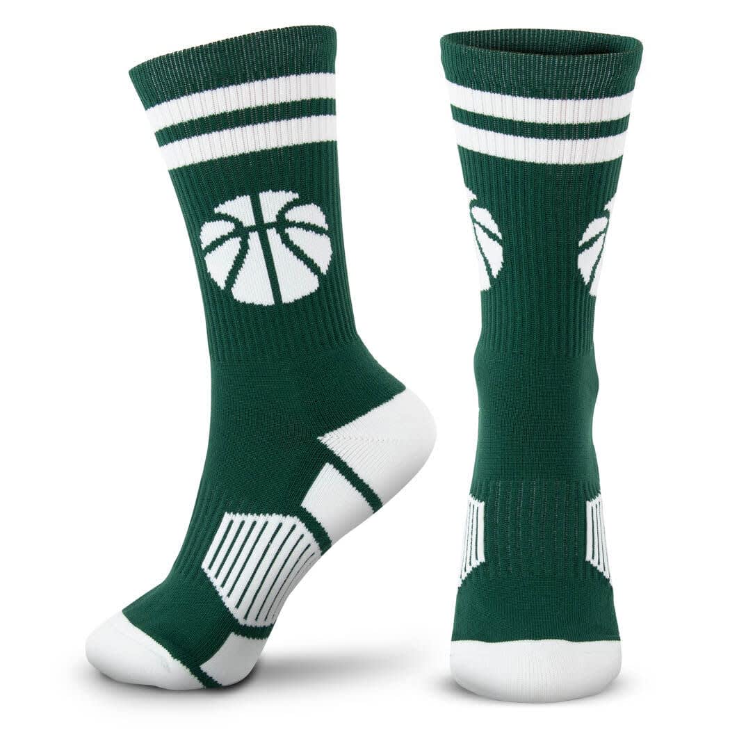 ChalkTalkSPORTS Basketball Socks - Performance Crew Socks for Basketball Players - Multiple Designs - Youth & Adult Sizes, Stripes Green & White, Small