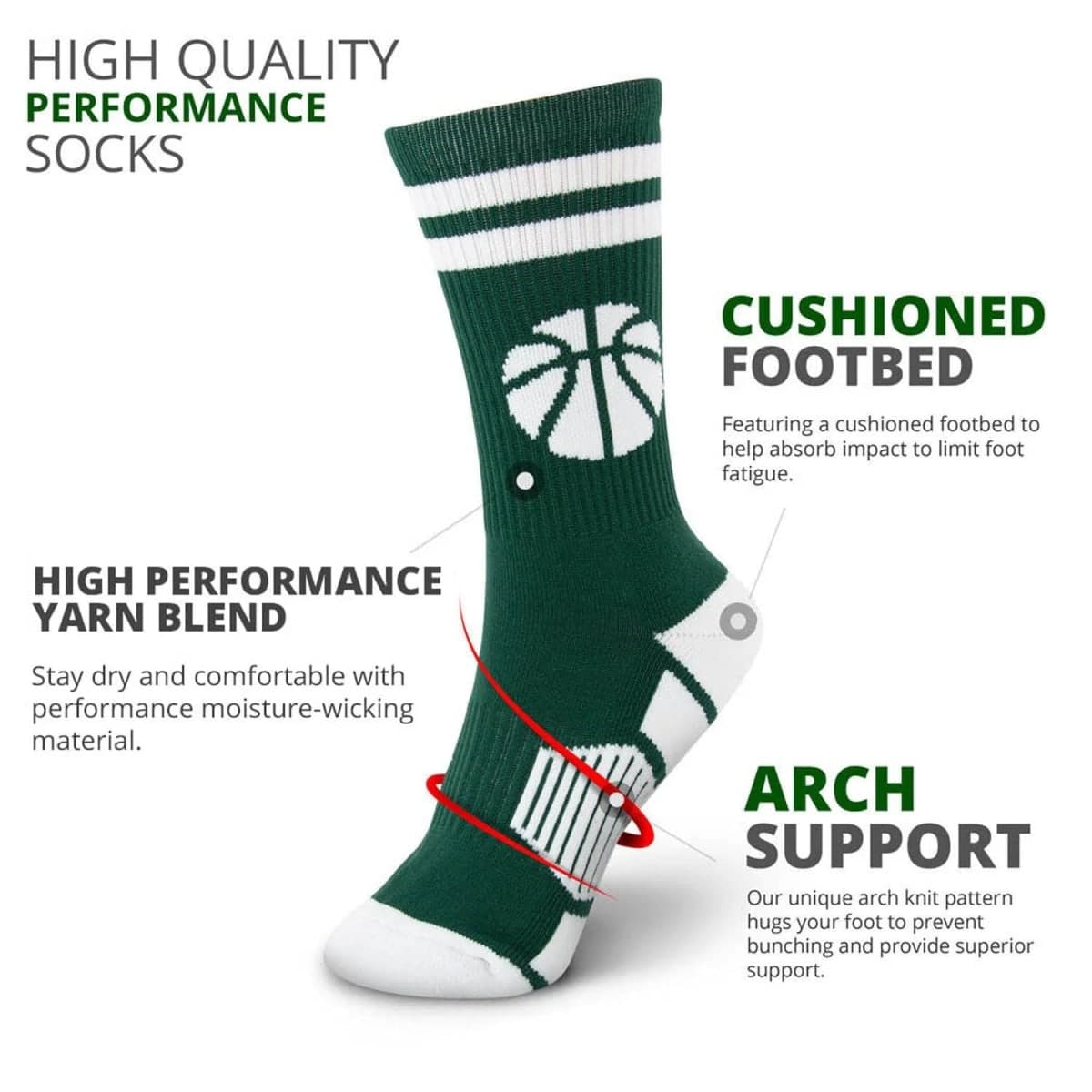 ChalkTalkSPORTS Basketball Socks - Performance Crew Socks for Basketball Players - Multiple Designs - Youth & Adult Sizes, Stripes Green & White, Small thumbnail 5