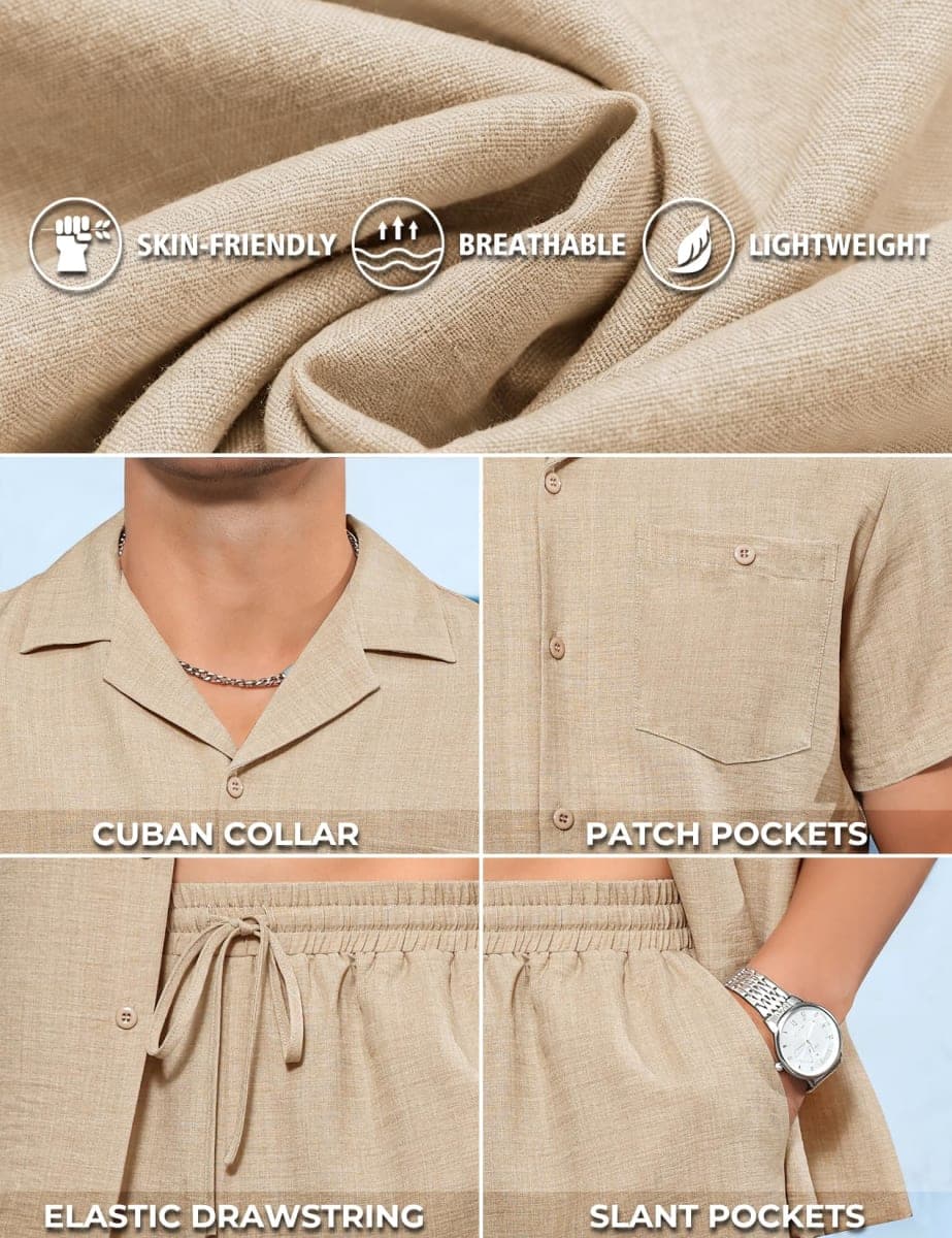 LecGee Men's Short Sleeve 2 Piece Set Simple Shirt Summer Button Vacation Linen Loose Pants Solid Color Causal Tracksuit, Khaki, X-Large thumbnail 3