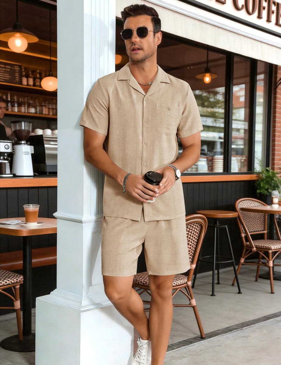 LecGee Men's Short Sleeve 2 Piece Set Simple Shirt Summer Button Vacation Linen Loose Pants Solid Color Causal Tracksuit, Khaki, X-Large thumbnail 5