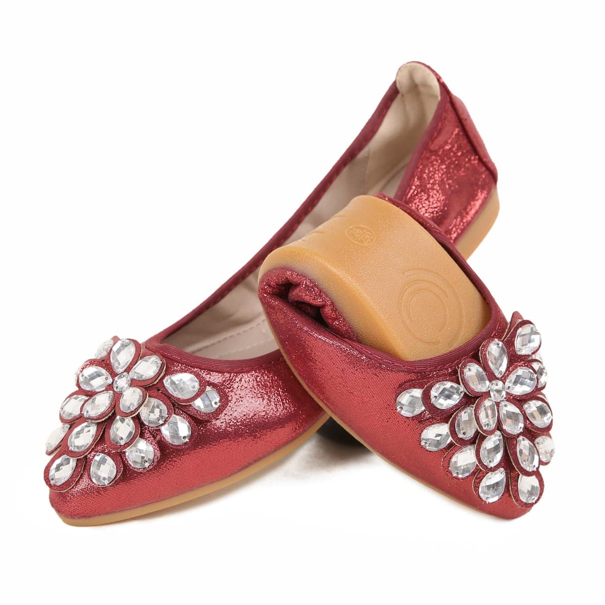 ZQKSEOHS Red Flats Shoes for Women Rhinestone Wedding Ballerina ShoesFoldable Sparkly Comfort Slip on Flat Shoes Dressy Flat Shoes for Women Red Size 8