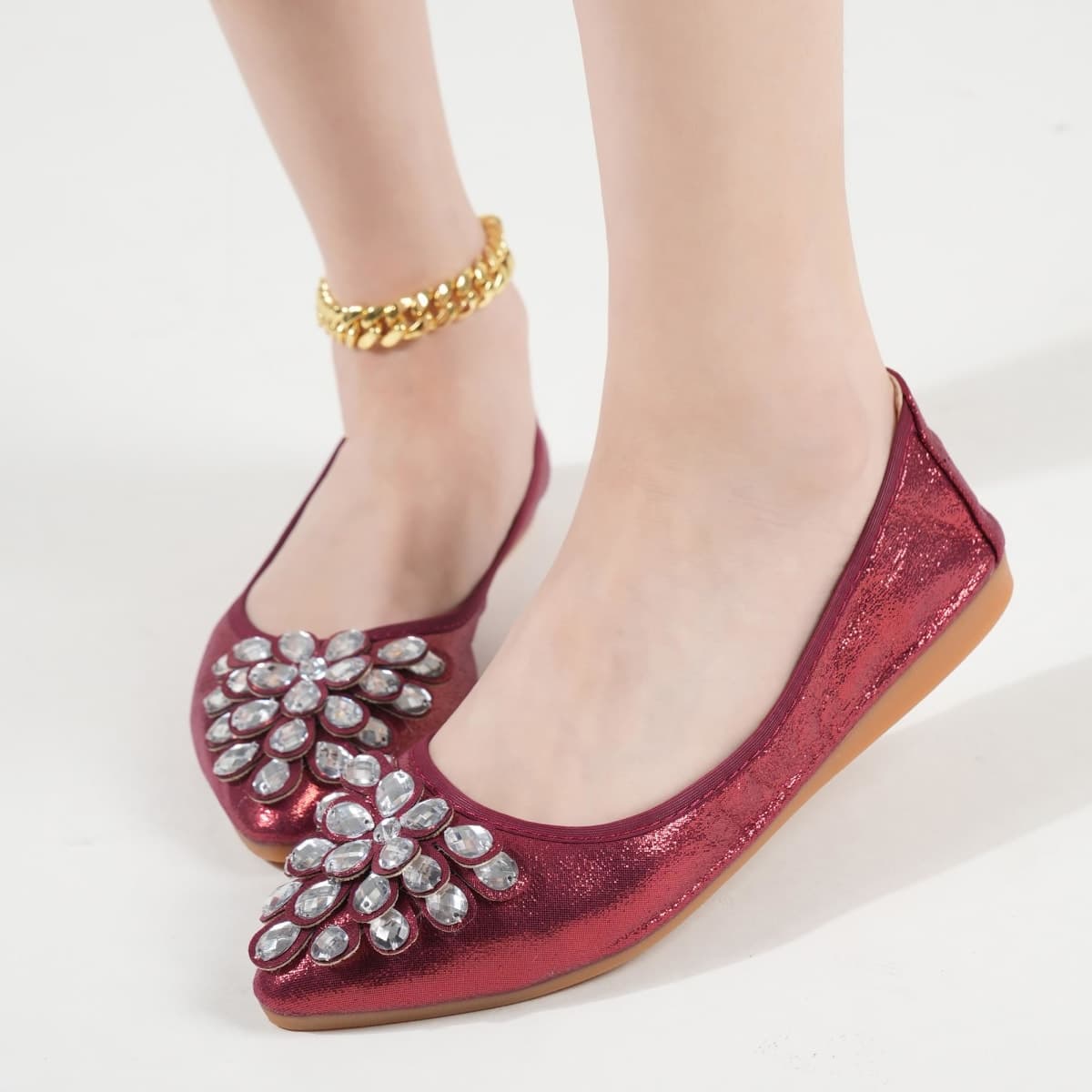 ZQKSEOHS Red Flats Shoes for Women Rhinestone Wedding Ballerina ShoesFoldable Sparkly Comfort Slip on Flat Shoes Dressy Flat Shoes for Women Red Size 8 thumbnail 2