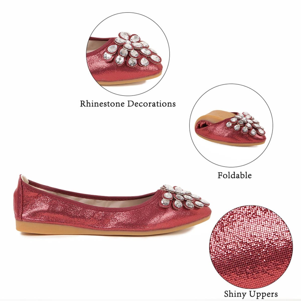 ZQKSEOHS Red Flats Shoes for Women Rhinestone Wedding Ballerina ShoesFoldable Sparkly Comfort Slip on Flat Shoes Dressy Flat Shoes for Women Red Size 8 thumbnail 4