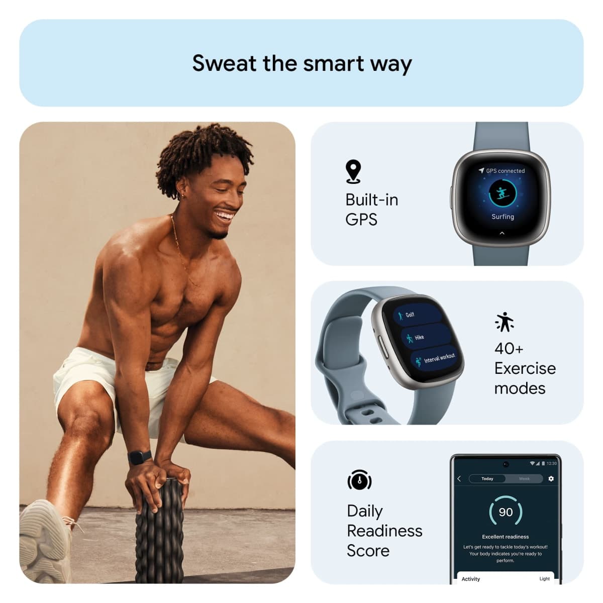 Fitbit Versa 4 Fitness Smartwatch with Daily Readiness, GPS, 24/7 Heart Rate, 40+ Exercise Modes, Sleep Tracking and More, Waterfall Blue/Platinum, One Size (S & L Bands Included) thumbnail 2