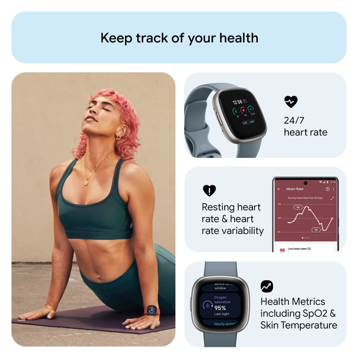 Fitbit Versa 4 Fitness Smartwatch with Daily Readiness, GPS, 24/7 Heart Rate, 40+ Exercise Modes, Sleep Tracking and More, Waterfall Blue/Platinum, One Size (S & L Bands Included) thumbnail 4