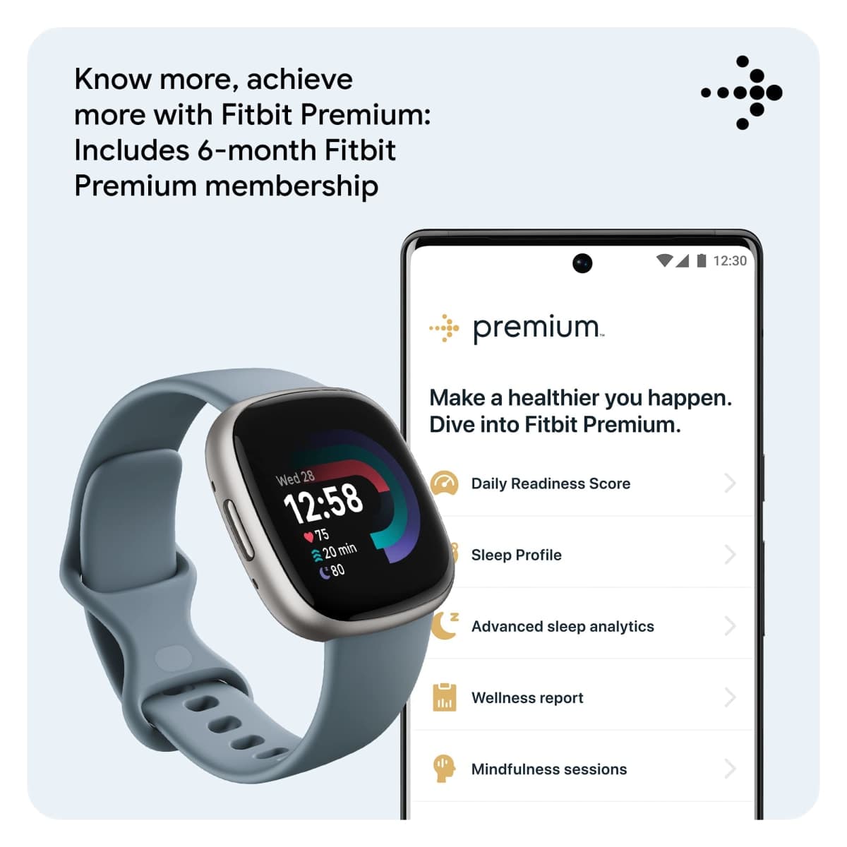 Fitbit Versa 4 Fitness Smartwatch with Daily Readiness, GPS, 24/7 Heart Rate, 40+ Exercise Modes, Sleep Tracking and More, Waterfall Blue/Platinum, One Size (S & L Bands Included) thumbnail 5