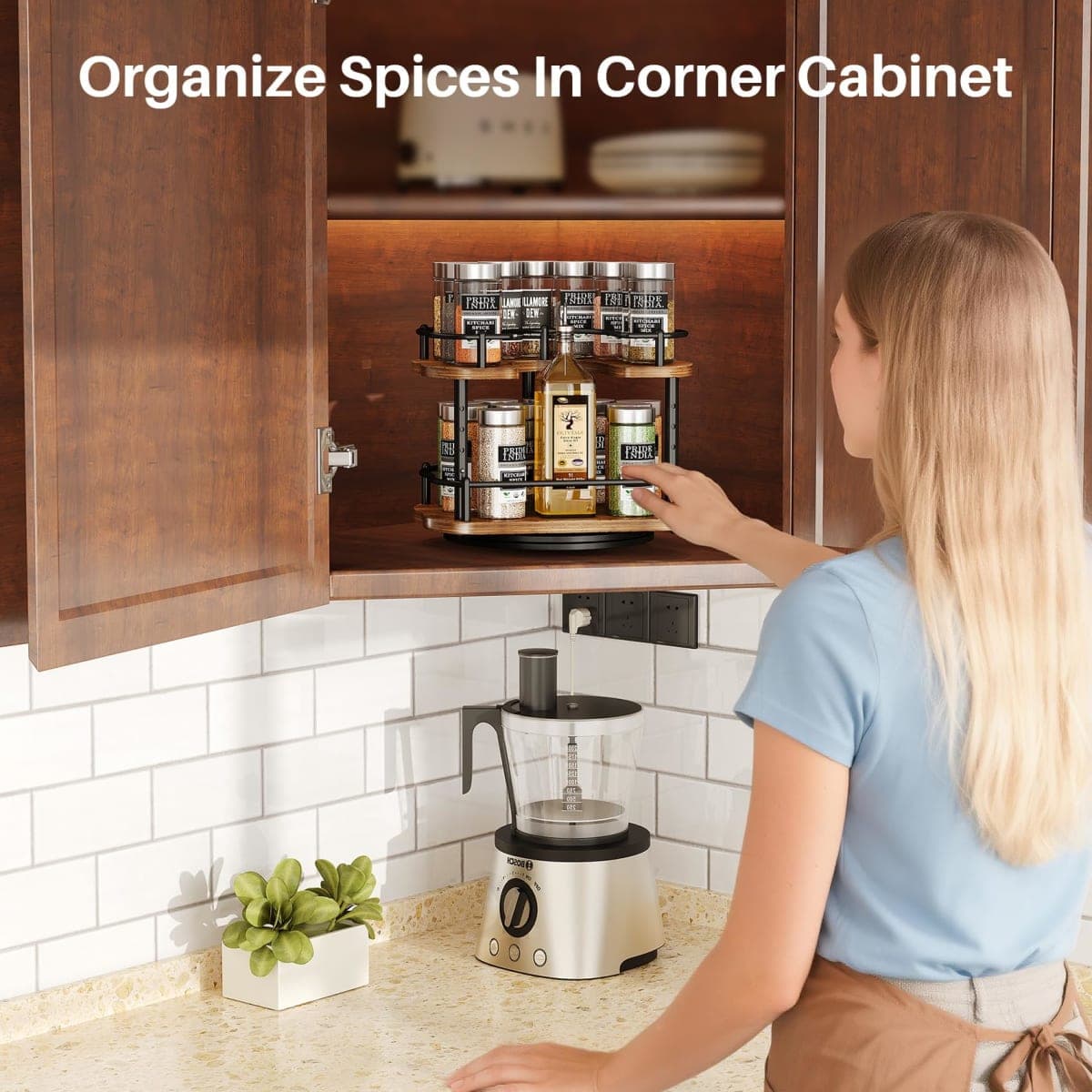 Lazy Susan Organizer Spice Rack - Spice Organization for Cabinet Height Adjustable Rotating Lazy Turntable, Pantry Kitchen Wood Revolving Seasoning Organizer (9 Inch) thumbnail 2