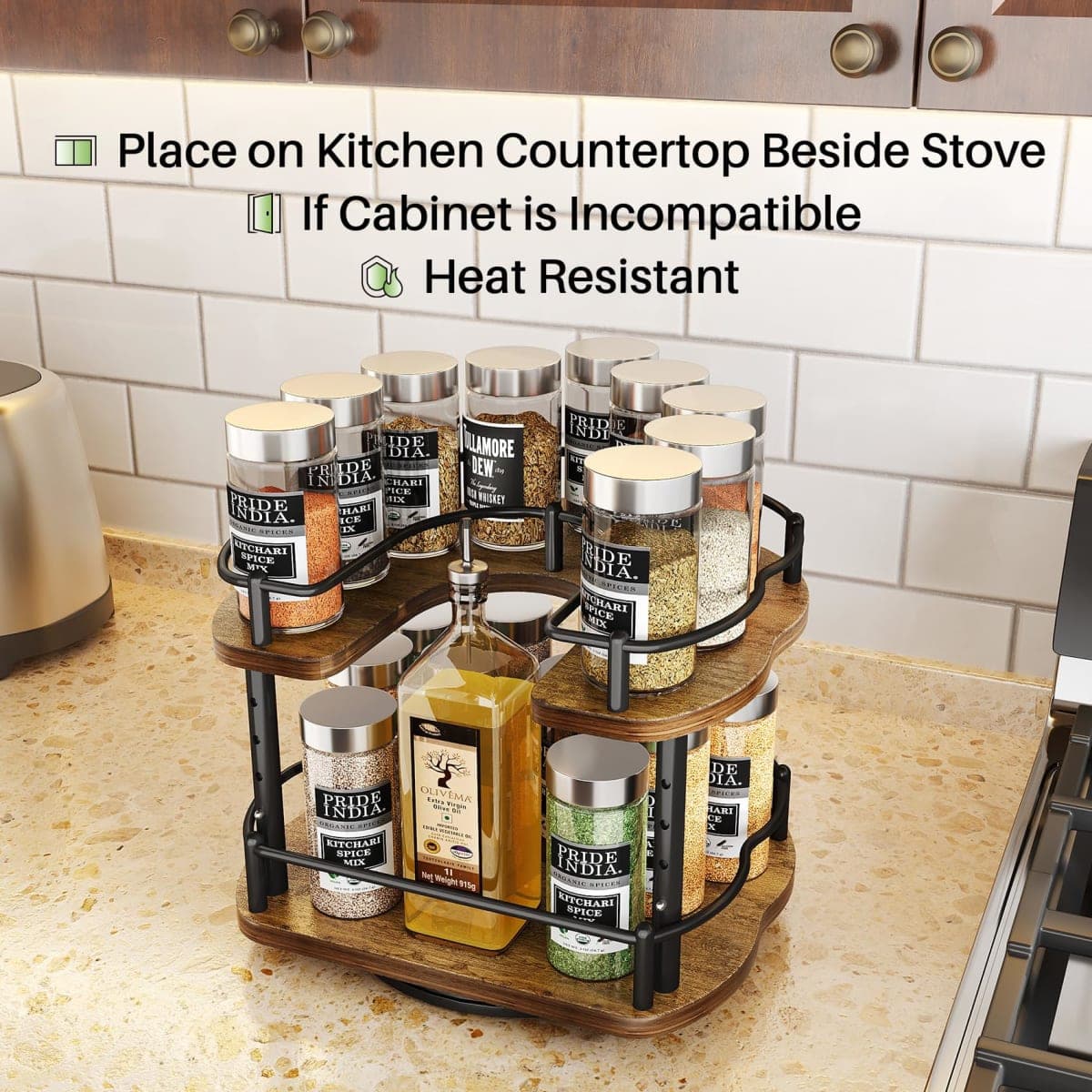 Lazy Susan Organizer Spice Rack - Spice Organization for Cabinet Height Adjustable Rotating Lazy Turntable, Pantry Kitchen Wood Revolving Seasoning Organizer (9 Inch) thumbnail 3