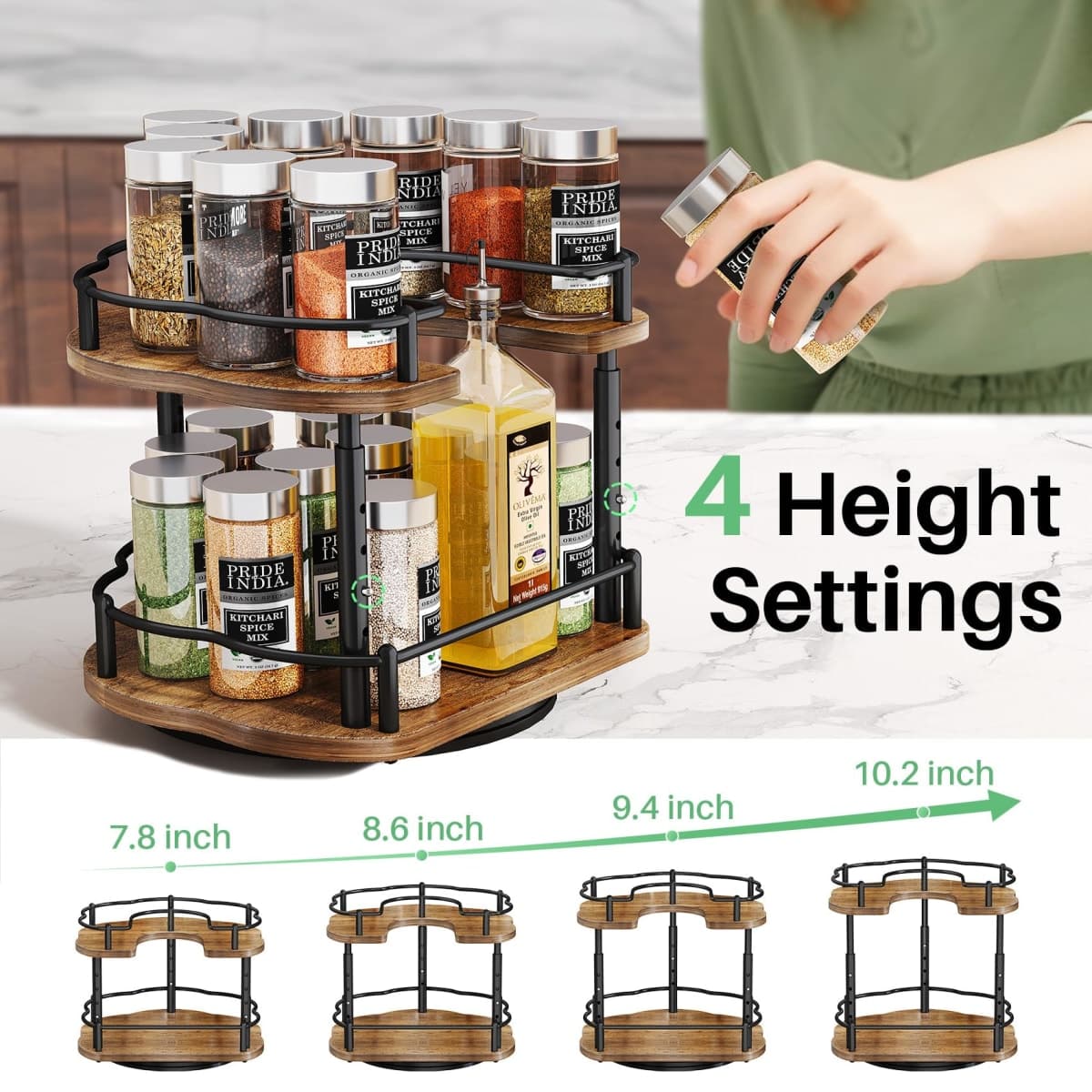 Lazy Susan Organizer Spice Rack - Spice Organization for Cabinet Height Adjustable Rotating Lazy Turntable, Pantry Kitchen Wood Revolving Seasoning Organizer (9 Inch) thumbnail 4