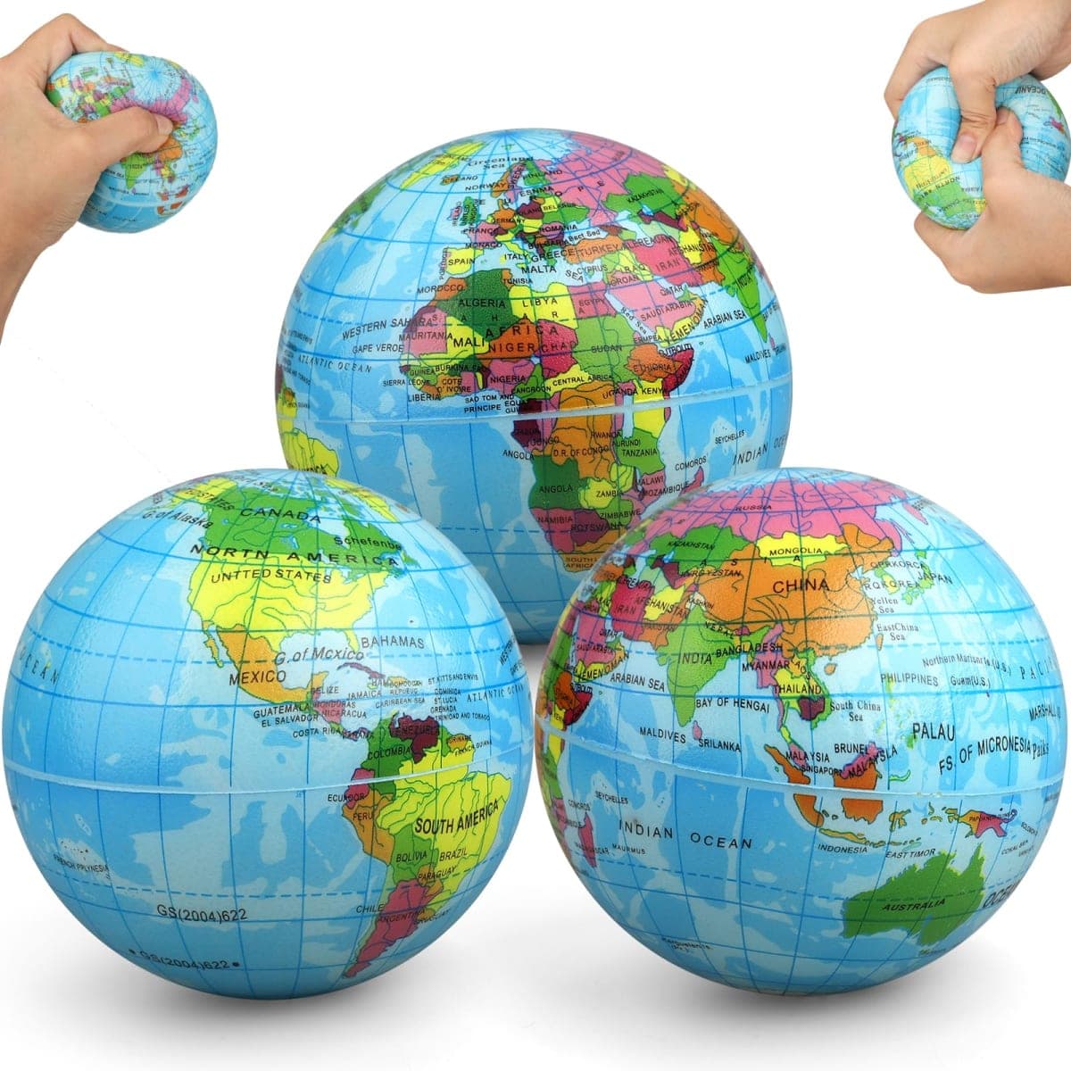 Umnodobn Mini Earth Soft Squishy Ball 3 Pack - 3.7 Inch Foam Globe Stress Balls for Boys Girls- Educational Geography Squishies Toys- Squeeze Sensory Learning Toy World Map for Kids Adults