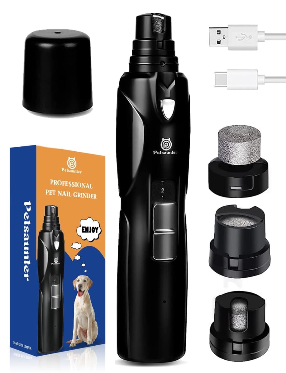 Petsaunter Dog Nail Grinder, 2-Speed and LED Light, Powerful Touch-Switch, TypeC, Quiet and Low-Vibration Dog Nail Trimmers, and 3 Ports for Large, Medium, Small Dogs Cats Pets with Hard or Thick Nail
