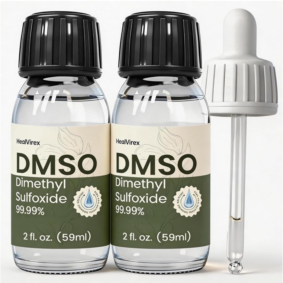 HealVirex 99.99% Pure DMSO Liquid 4 fl oz- High Purity Dimethyl Sulfoxide Solvent 2 Pack (2 fl oz Each), Low Odor, Non-Diluted , Crystal Clear Glass Bottles with Separate Dropper *1