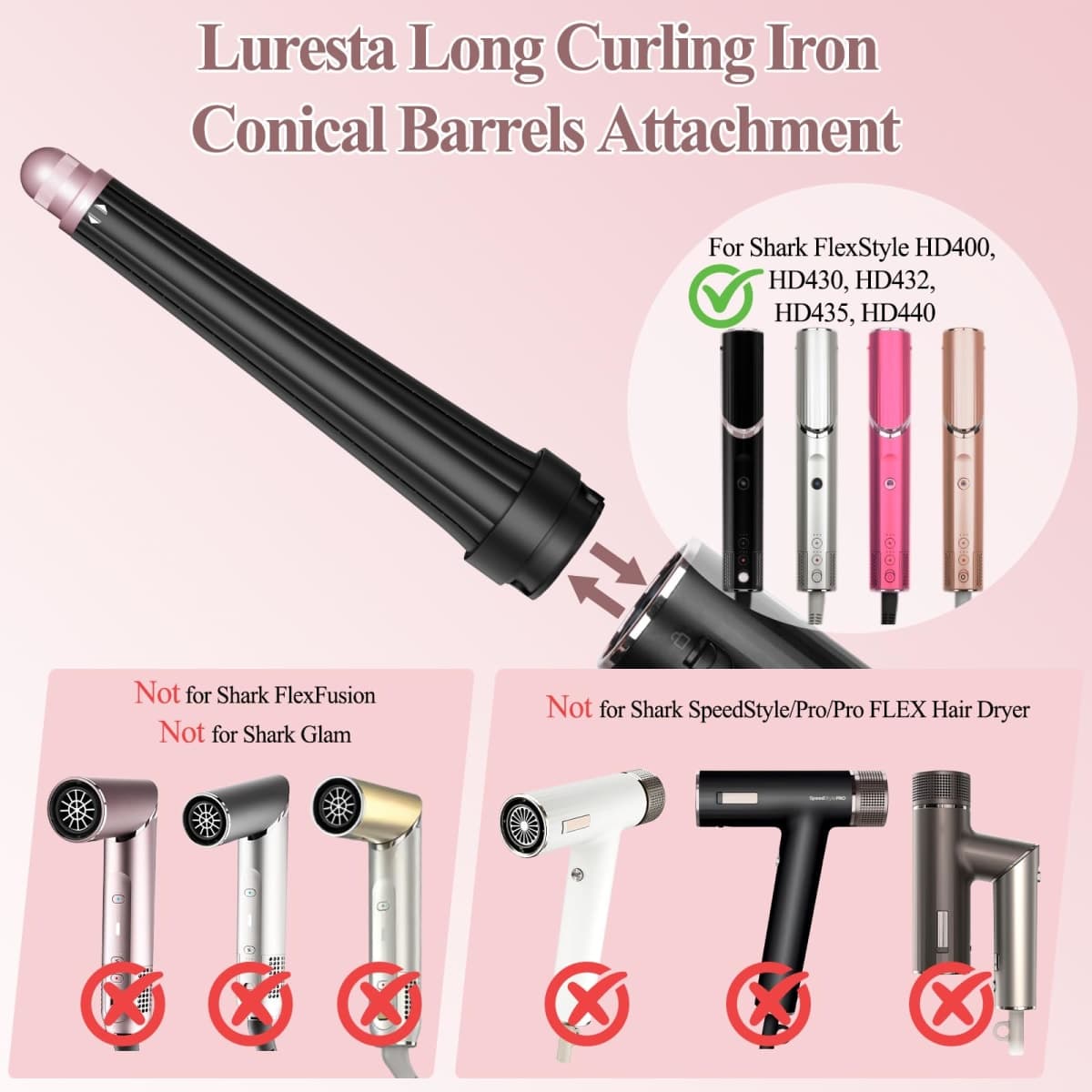 Luresta Long Curling Iron Conical Barrels Attachment for Shark FlexStyle Accessories, 0.78-1.4Inch Auto-Wrap Curlers for Thin Lighter Hair to Defined Curls or Voluminous Bouncy Waves thumbnail 2