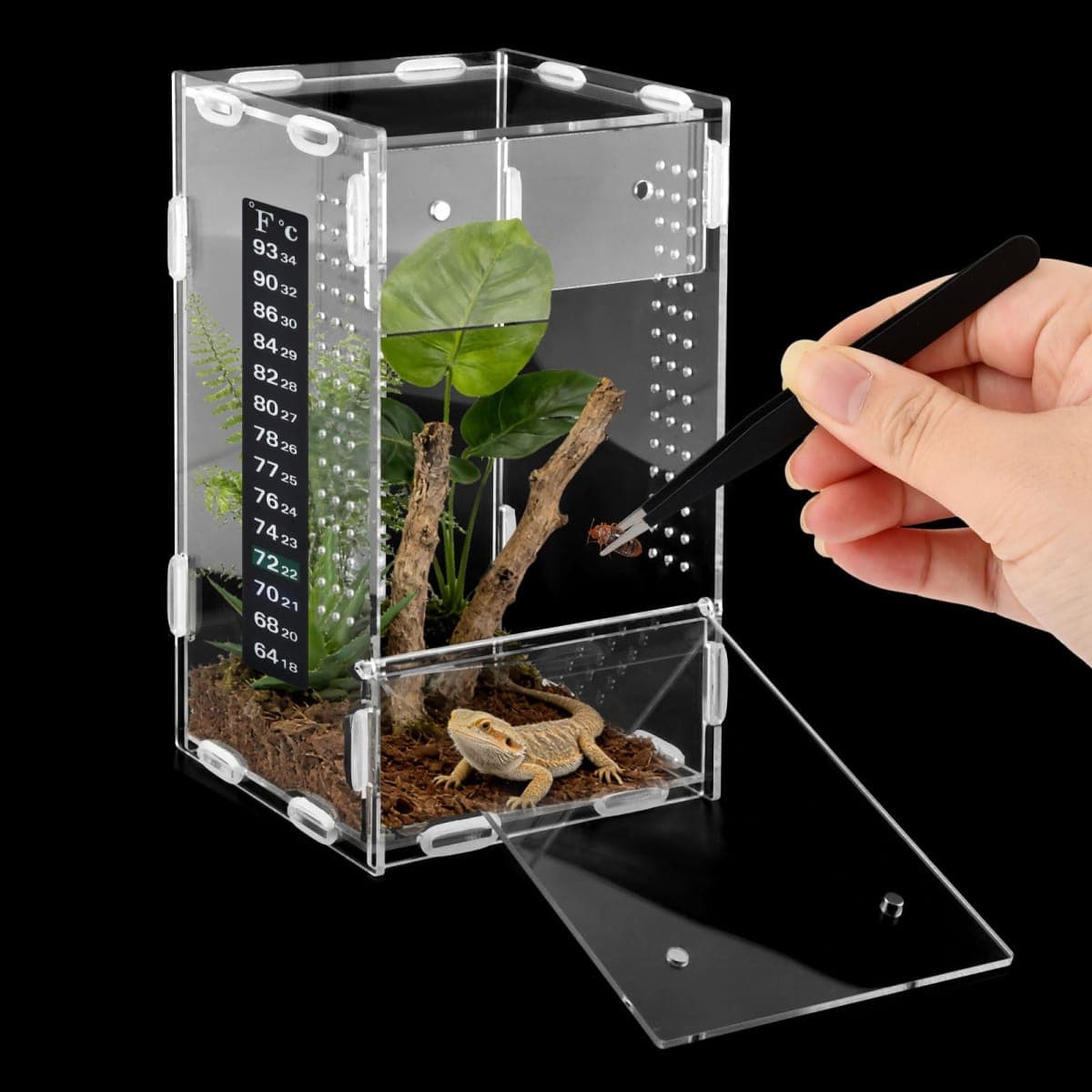 Jumping Spider Enclosure, 4x4x8 Inch Acrylic Reptile Terrarium Enclosure, with Magnet Front Opening Door, for Snail, Spiders, Mantis, Lizard, and Small Reptiles(Tweezer & Temp Sticker Included) — image 1