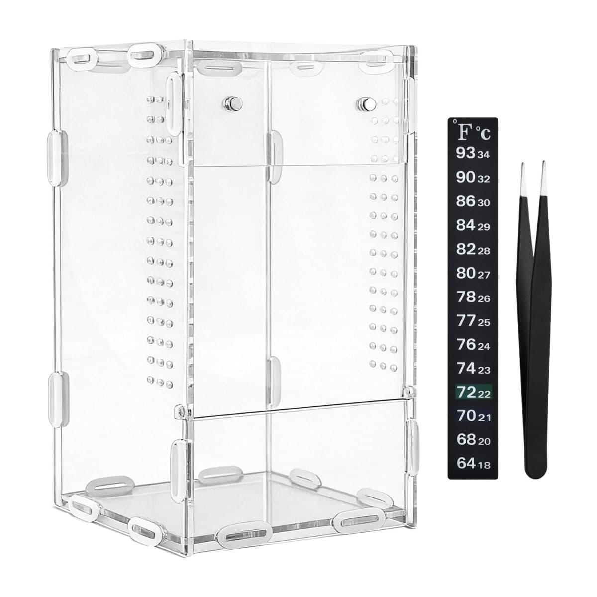 Jumping Spider Enclosure, 4x4x8 Inch Acrylic Reptile Terrarium Enclosure, with Magnet Front Opening Door, for Snail, Spiders, Mantis, Lizard, and Small Reptiles(Tweezer & Temp Sticker Included) thumbnail 2