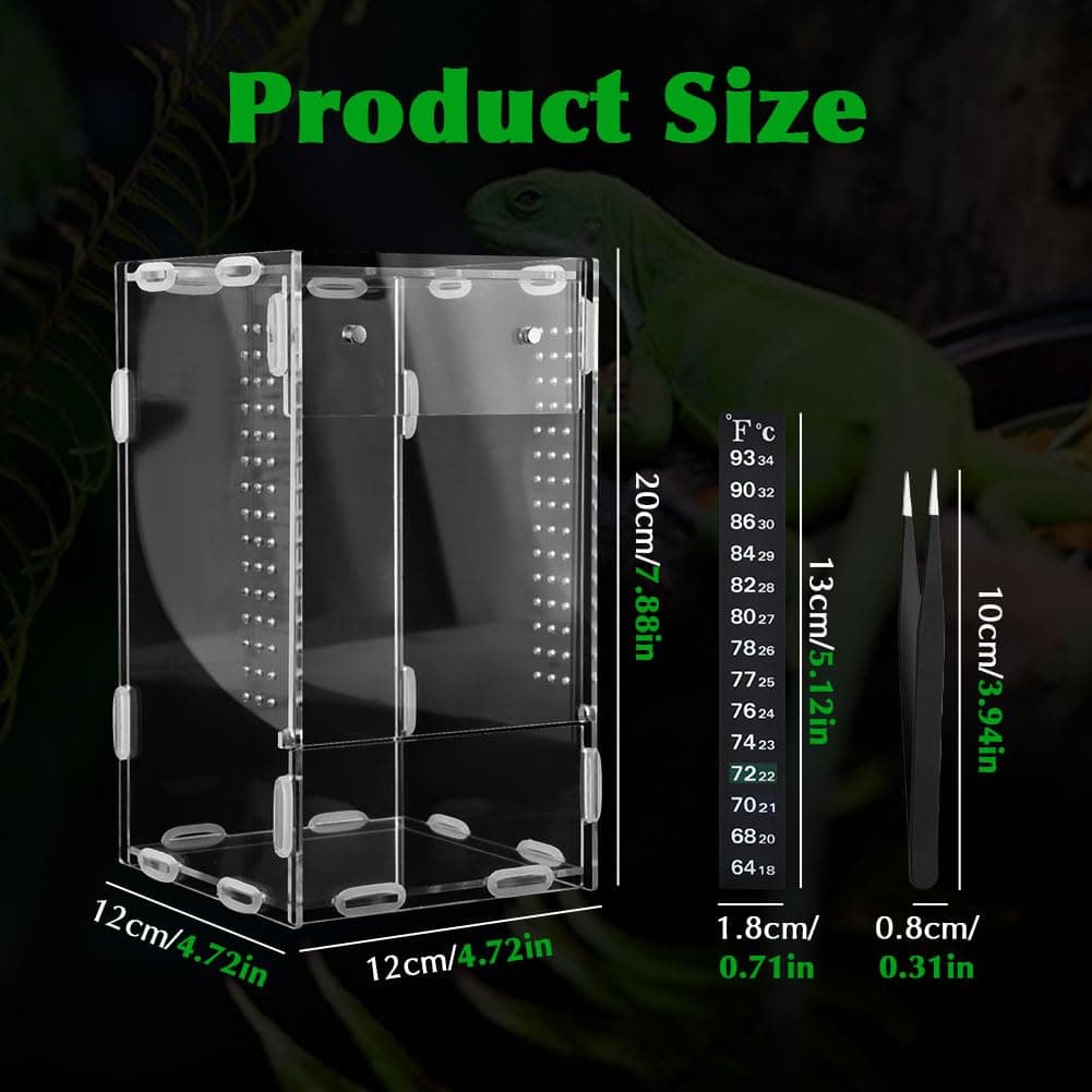Jumping Spider Enclosure, 4x4x8 Inch Acrylic Reptile Terrarium Enclosure, with Magnet Front Opening Door, for Snail, Spiders, Mantis, Lizard, and Small Reptiles(Tweezer & Temp Sticker Included) thumbnail 4