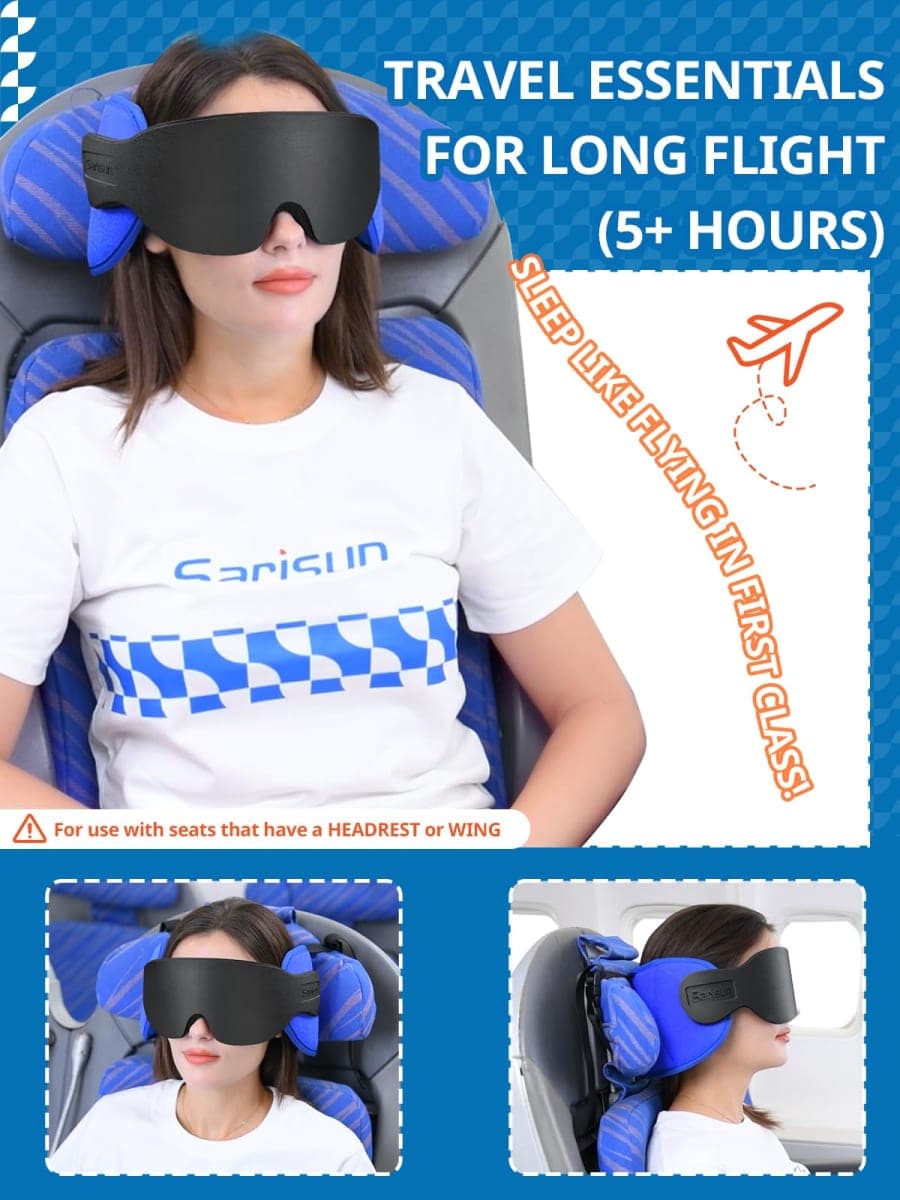 SARISUN Travel Pillow for Airplane, Neck Pillow for Sleeping Travel with Eye Mask, Plane Pillow for Long Flight, Kids Travel Pillow for Car, Road Trip Car Headrest,Stop Bobblehead, Blue thumbnail 2