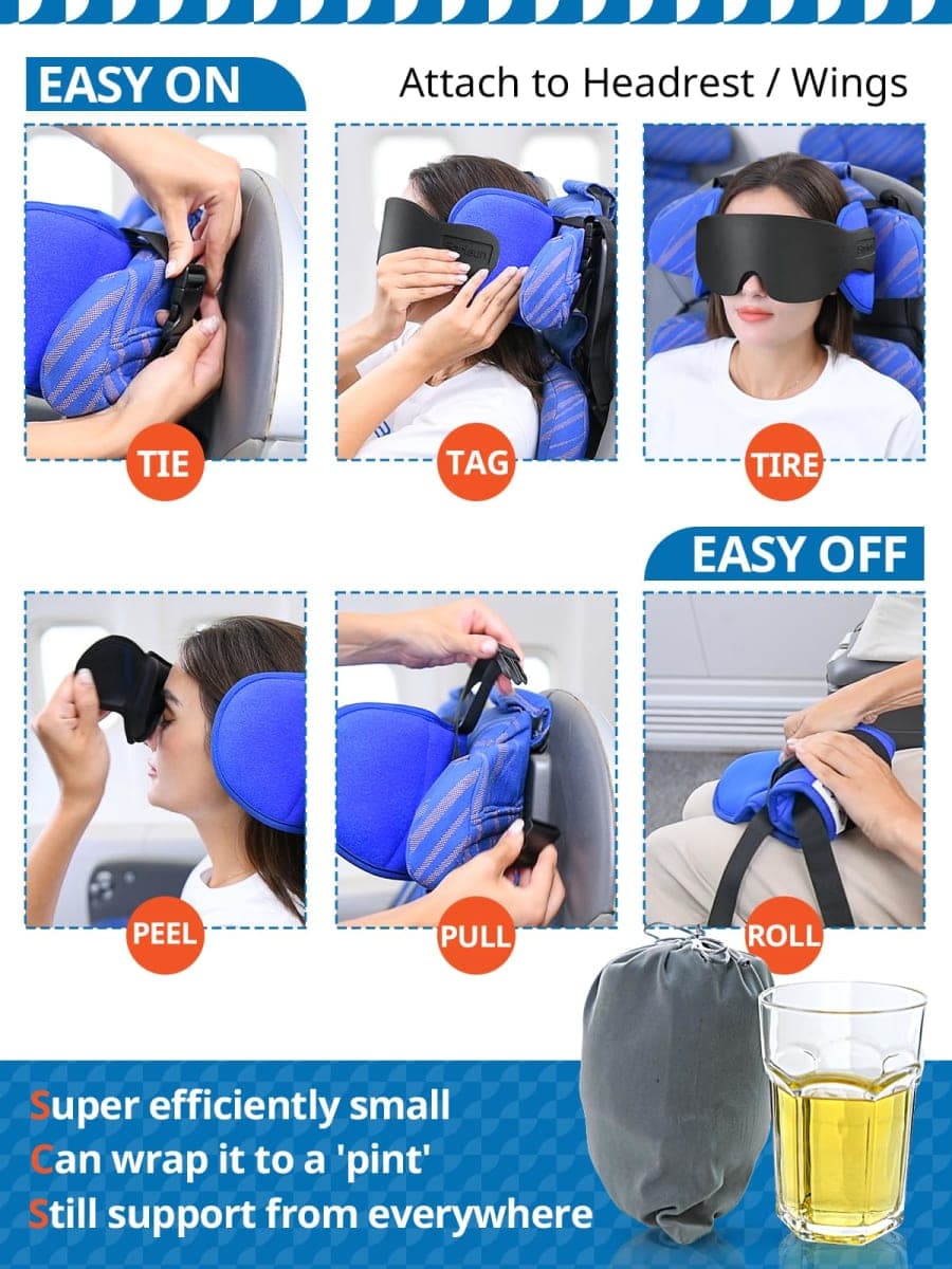 SARISUN Travel Pillow for Airplane, Neck Pillow for Sleeping Travel with Eye Mask, Plane Pillow for Long Flight, Kids Travel Pillow for Car, Road Trip Car Headrest,Stop Bobblehead, Blue thumbnail 4