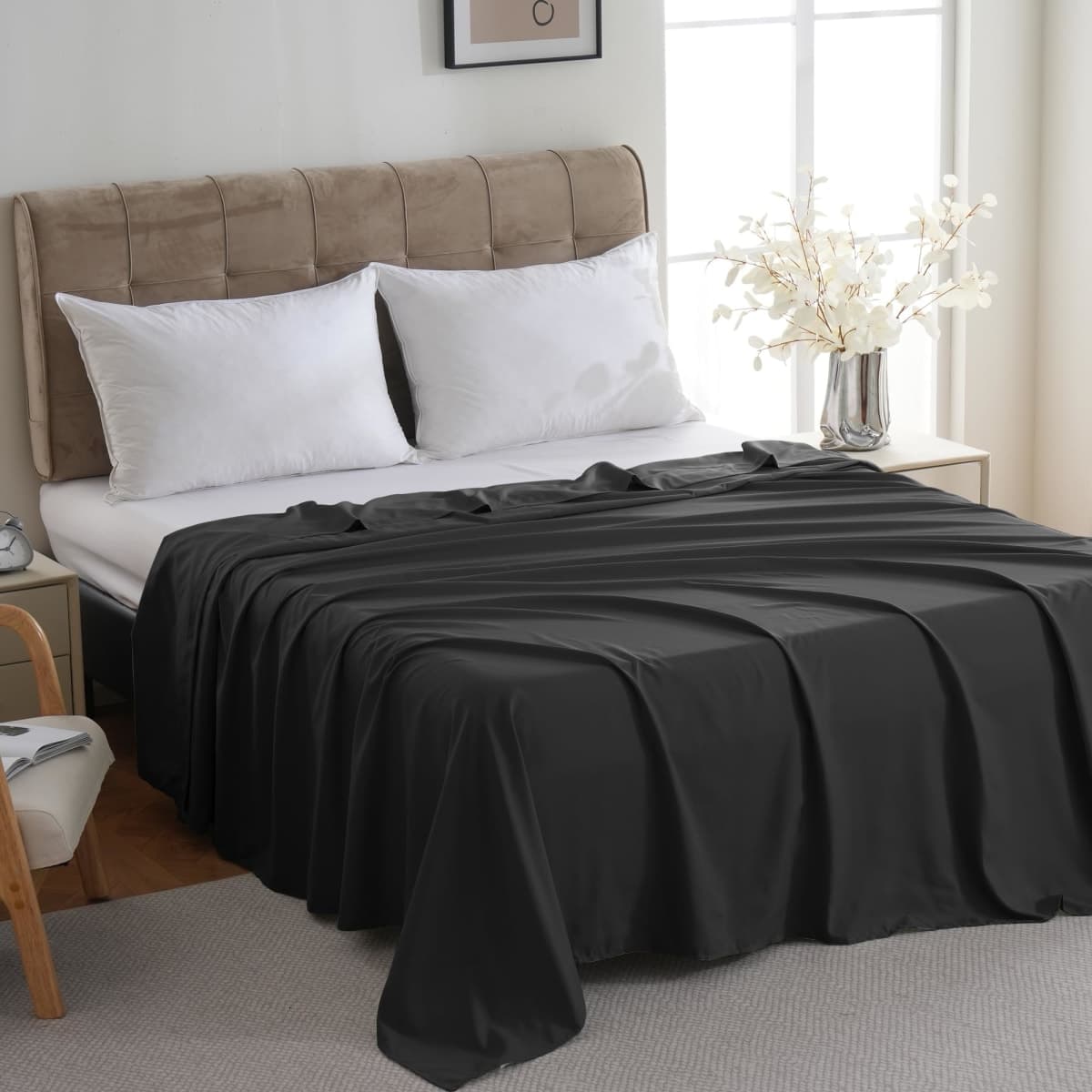 ZPECC Bulk Flat Sheets Only King Size 6 Pack, Easy Sort Top Bed Sheet by Color-Coded Hem Threads, Soft Durable Brushed Microfiber Fabric Hotel Airb&bs Essentials for Hosts, 105"x102", Black thumbnail 2