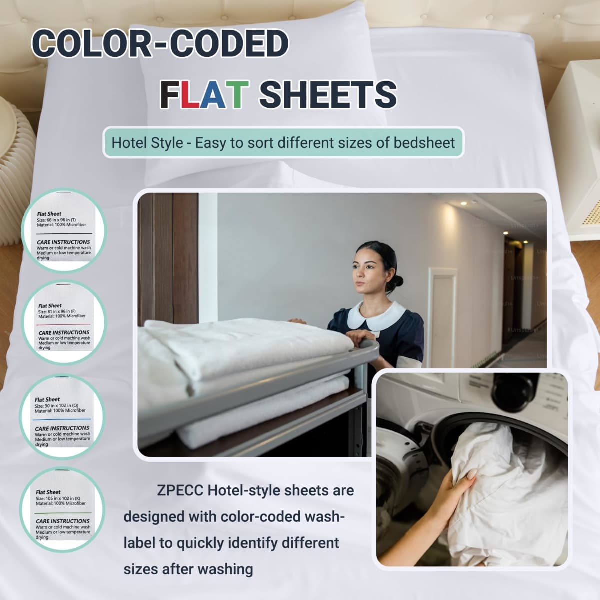 ZPECC Bulk Flat Sheets Only King Size 6 Pack, Easy Sort Top Bed Sheet by Color-Coded Hem Threads, Soft Durable Brushed Microfiber Fabric Hotel Airb&bs Essentials for Hosts, 105"x102", Black thumbnail 3