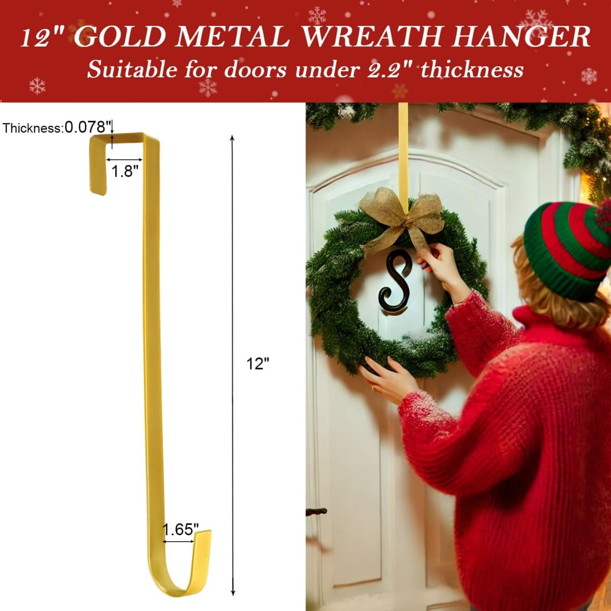12" Metal Wreath Hanger for Front Door Non-Scratch, Damage-Free Wreath Hanger Heavy Duty, Over-the-Door Hooks for Hanging Welcome Sign, Wreath Holder for Easter, Halloween, Fall, Christmas Decorations thumbnail 2