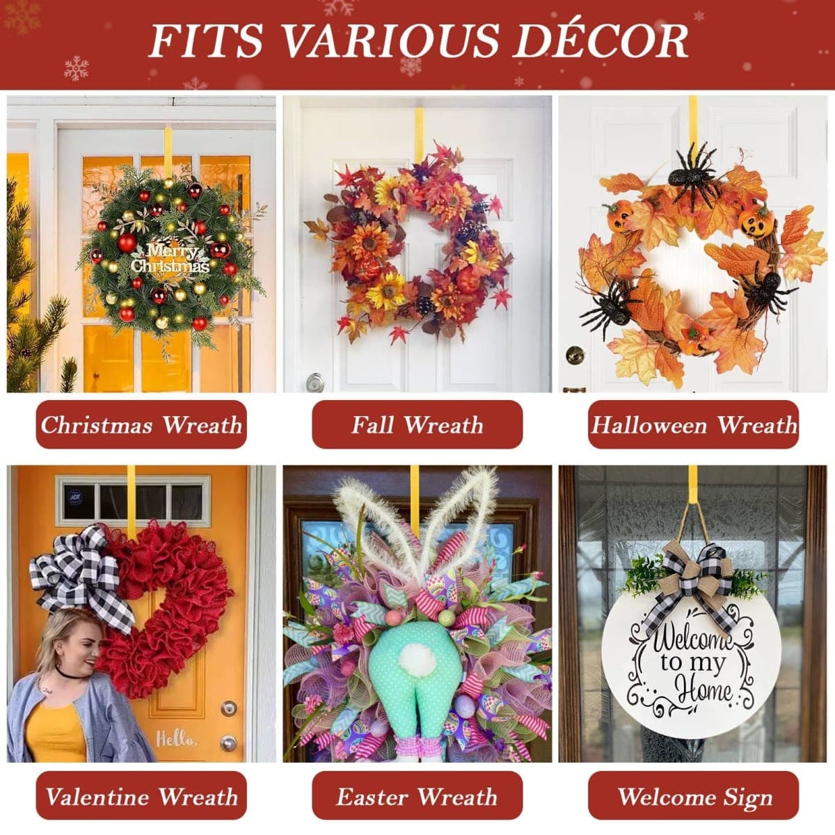 12" Metal Wreath Hanger for Front Door Non-Scratch, Damage-Free Wreath Hanger Heavy Duty, Over-the-Door Hooks for Hanging Welcome Sign, Wreath Holder for Easter, Halloween, Fall, Christmas Decorations thumbnail 4
