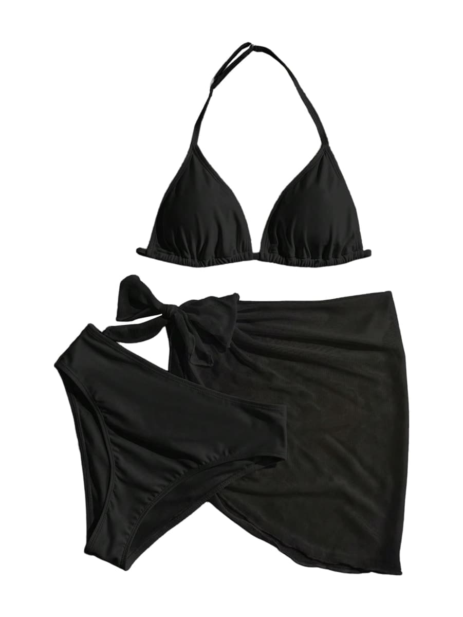 SOLY HUX Girl's Summer Swimsuit Set Floral Halter Triangle Bikini Set with Wrap Skirts Beachwear, Pure Black, 14 Years — image 1
