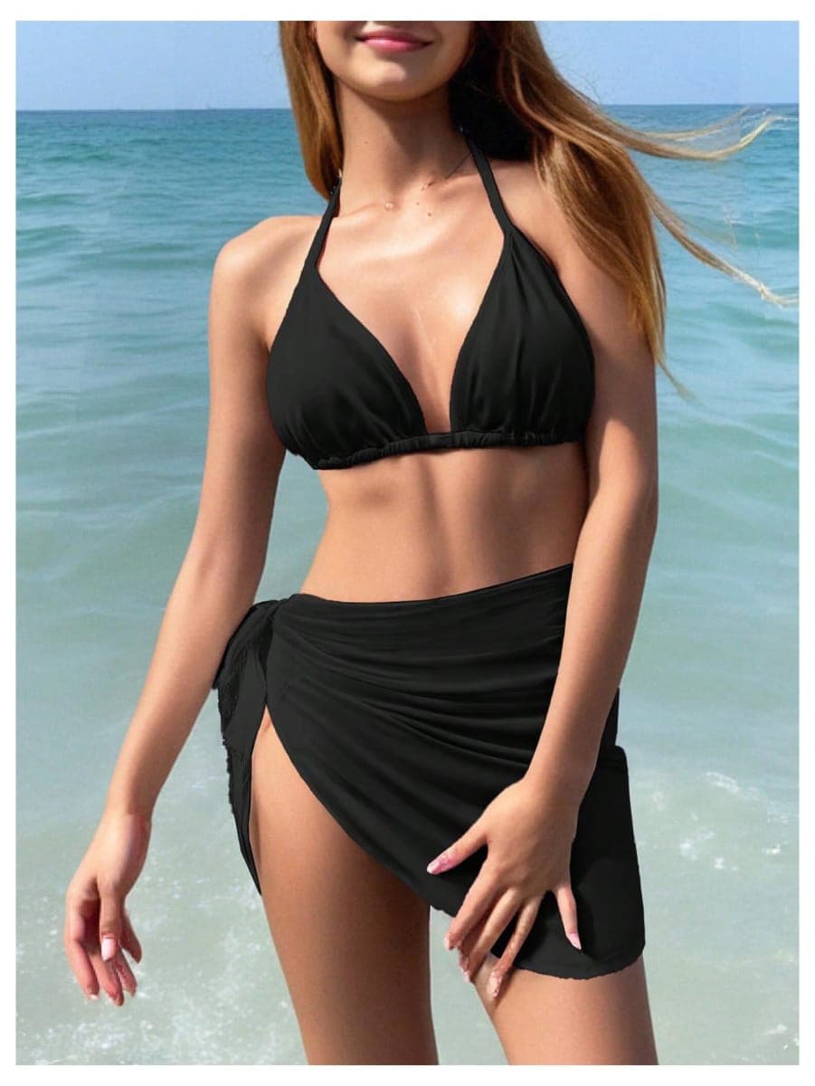 SOLY HUX Girl's Summer Swimsuit Set Floral Halter Triangle Bikini Set with Wrap Skirts Beachwear, Pure Black, 14 Years thumbnail 2