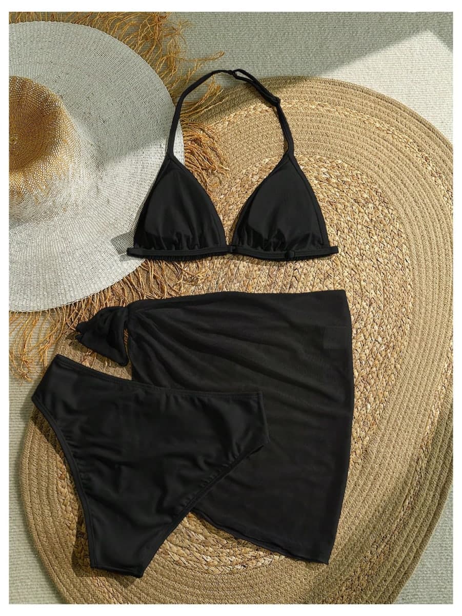 SOLY HUX Girl's Summer Swimsuit Set Floral Halter Triangle Bikini Set with Wrap Skirts Beachwear, Pure Black, 14 Years thumbnail 3