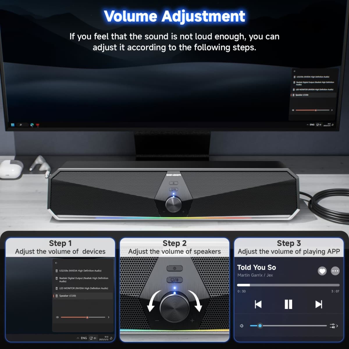 SENZER CS30 Bluetooth Computer Speakers for Desktop, USB Plug & Play PC Speakers with Dynamic LED Light, Stereo Sound Soundbar for Desktop Laptop Monitor (USB-C Adapter Included) thumbnail 3