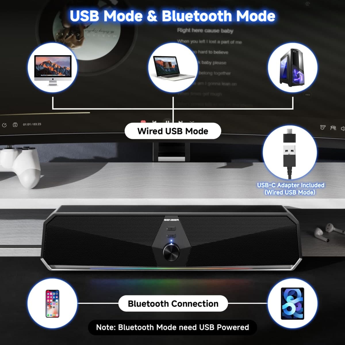 SENZER CS30 Bluetooth Computer Speakers for Desktop, USB Plug & Play PC Speakers with Dynamic LED Light, Stereo Sound Soundbar for Desktop Laptop Monitor (USB-C Adapter Included) thumbnail 4