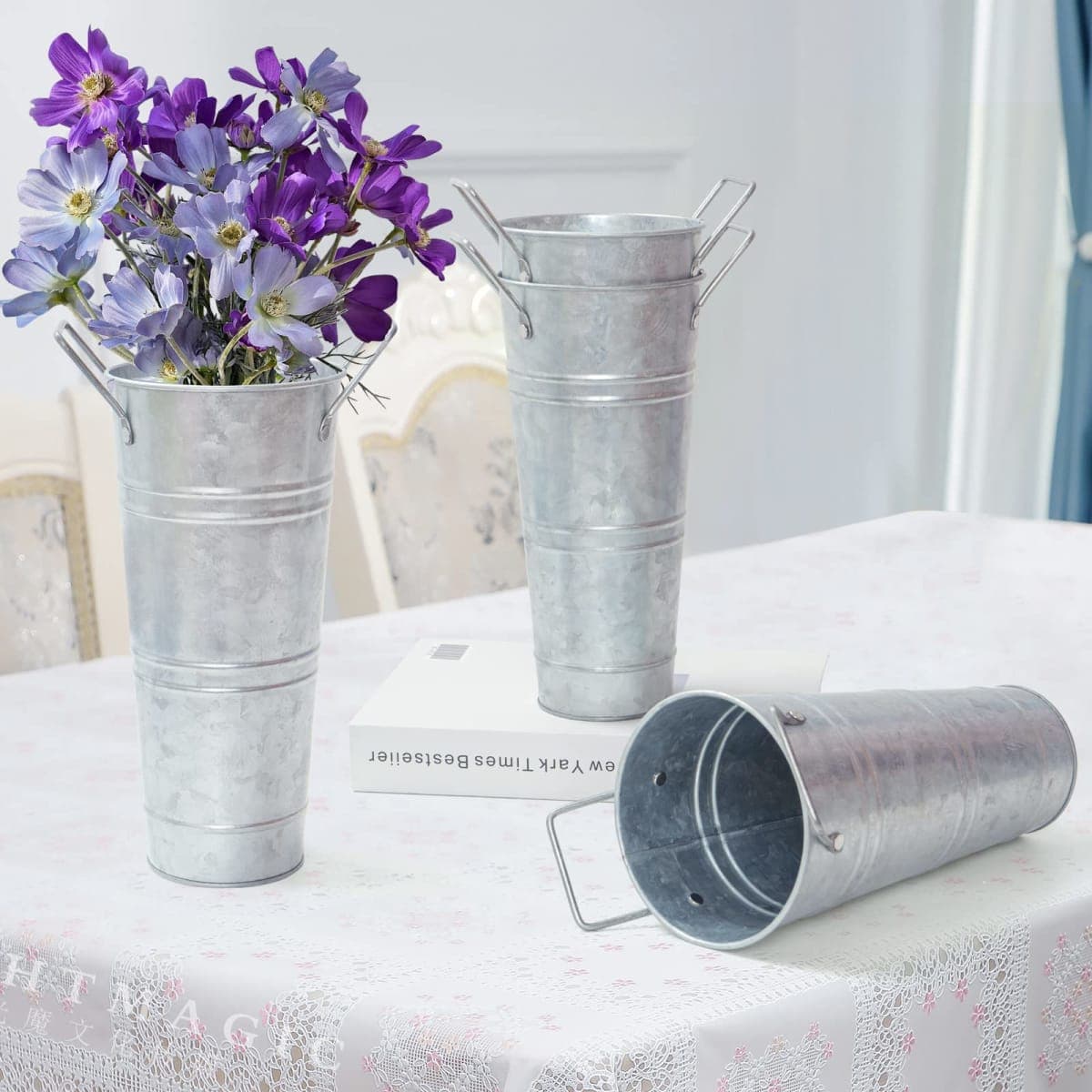 Notakia Galvanized Metal Vases Farmhouse French Flower Bucket Vases for Cut Flowers for Home Decor and Wedding Table Centerpiece Decorations (Silver Set of 8) thumbnail 2