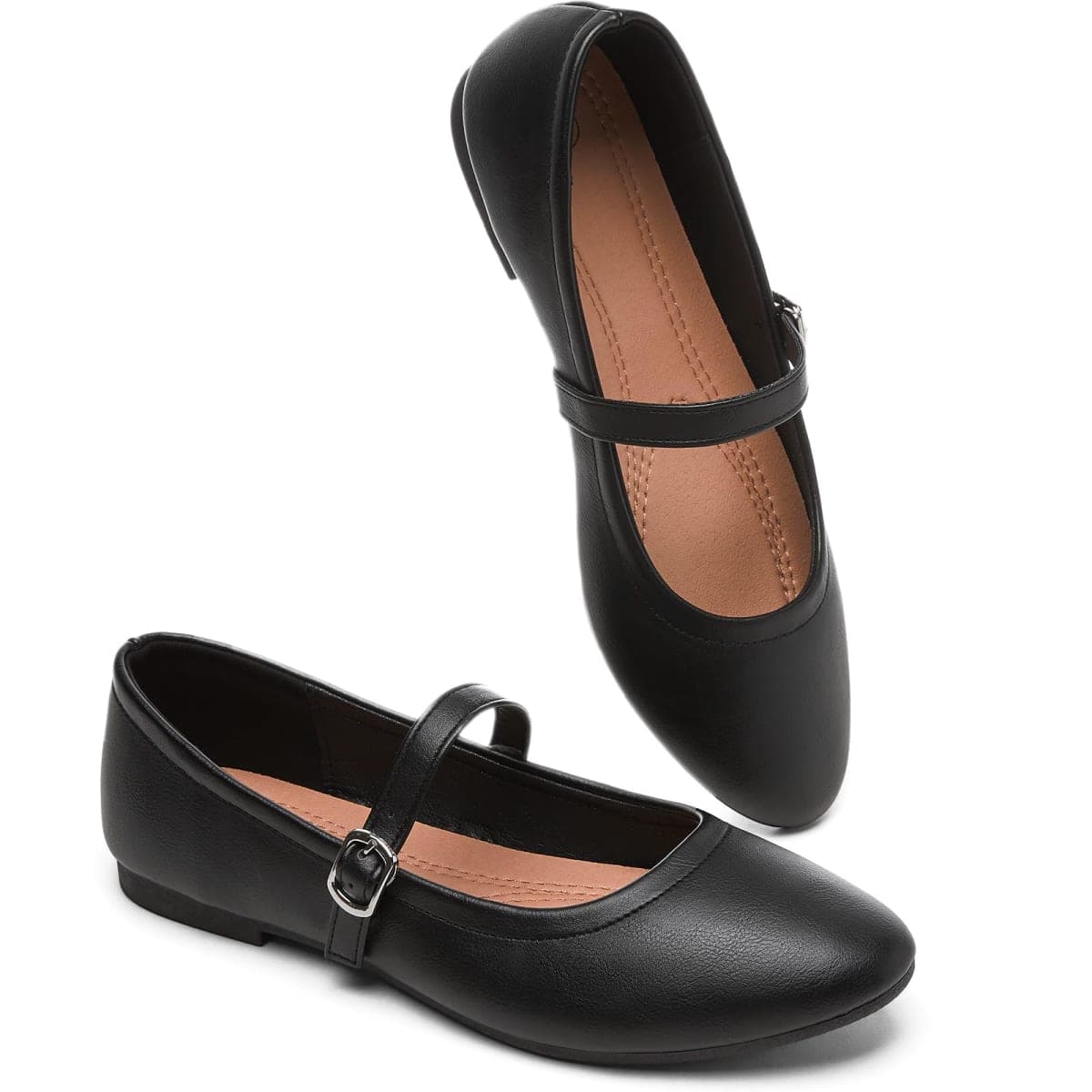 Womens Mary Janes Flats Shoes Ballet Flats Black Dress Shoes,Memory Foam Insole,Soft Synthetic Leather,with Strap, Black, 6