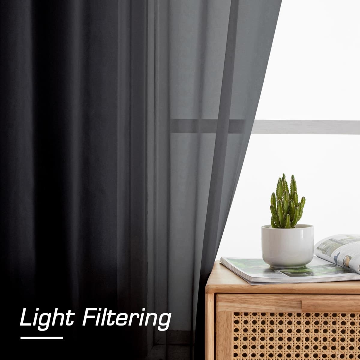 Simplebrand Black Sheer Curtains 84 Inches Long, Light Filtering Rod Pocket Solid Color Window Sheer Curtain Panels, Elegant Curtains & Drapes for Living Room, Bedroom 2 Panels (Black, 42" W x 84" L) thumbnail 4