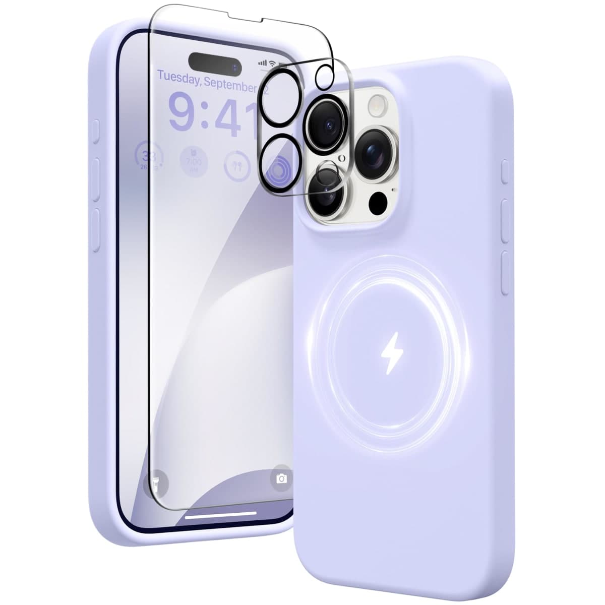 GONEZ Magnetic Liquid Silicone for iPhone 15 Pro Max Case, Compatible with MagSafe, [Camera Lens Protector + Screen Protector], Anti-Scratch Shockproof Protective Phone Cover 6.7", Lilac — image 1