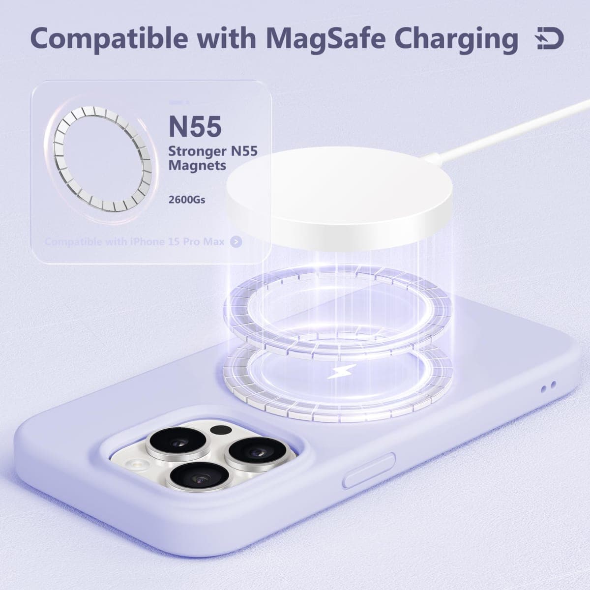 GONEZ Magnetic Liquid Silicone for iPhone 15 Pro Max Case, Compatible with MagSafe, [Camera Lens Protector + Screen Protector], Anti-Scratch Shockproof Protective Phone Cover 6.7", Lilac thumbnail 3
