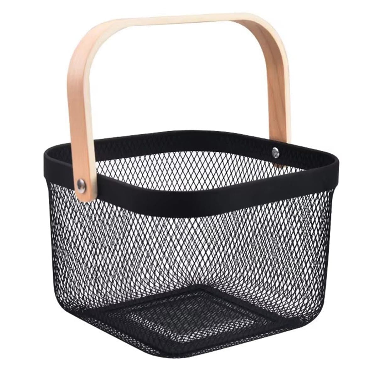 AJIODA Metal Mesh Wire Basket, Small Steel Basket with Wooden Handle Storage Organizer Basket Multi-functional Hanging Kitchen Baskets Fruit Baskets for Kitchen Bathroom Cabinet Pantry Snacks, White — image 1