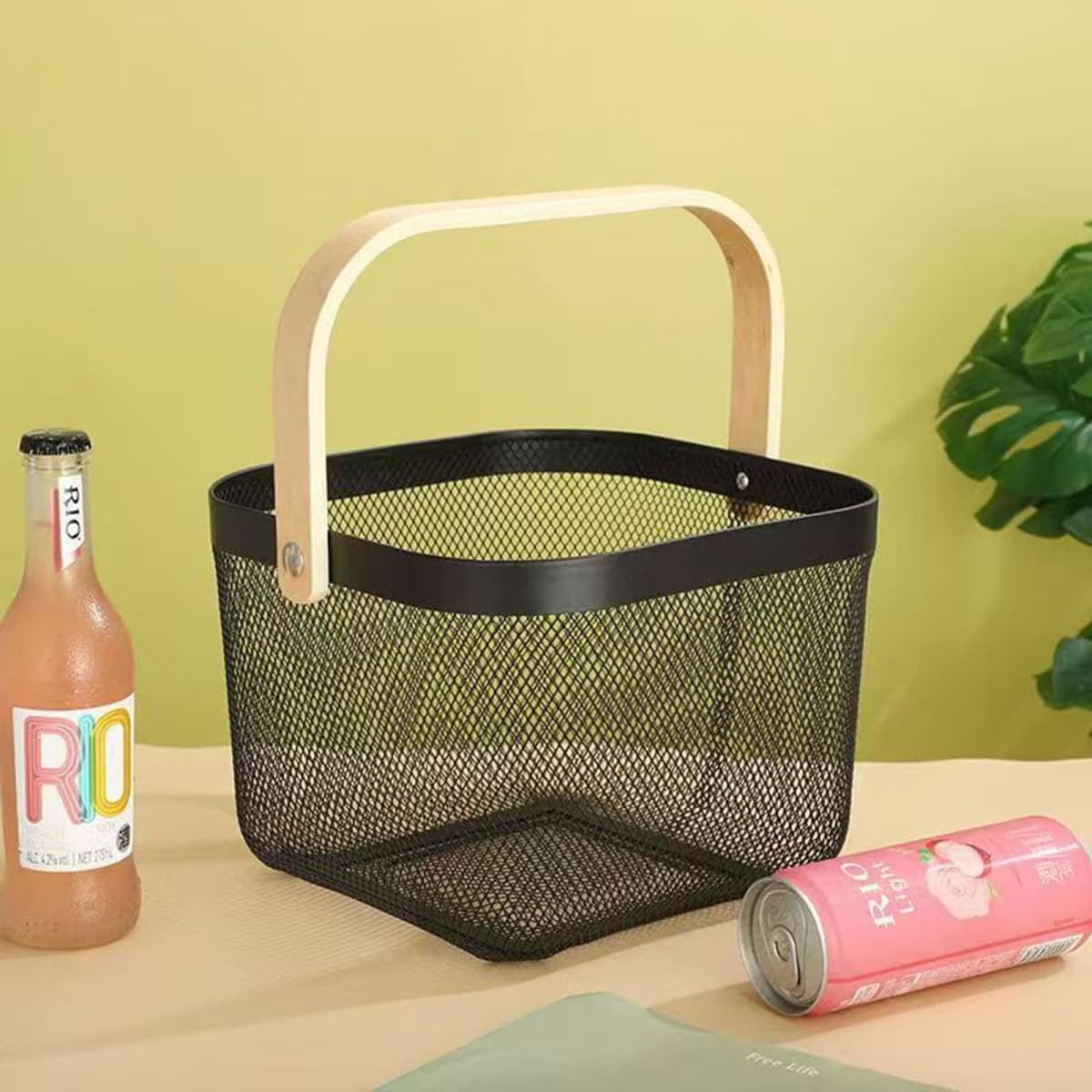 AJIODA Metal Mesh Wire Basket, Small Steel Basket with Wooden Handle Storage Organizer Basket Multi-functional Hanging Kitchen Baskets Fruit Baskets for Kitchen Bathroom Cabinet Pantry Snacks, White thumbnail 2