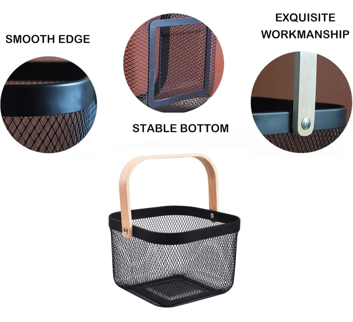 AJIODA Metal Mesh Wire Basket, Small Steel Basket with Wooden Handle Storage Organizer Basket Multi-functional Hanging Kitchen Baskets Fruit Baskets for Kitchen Bathroom Cabinet Pantry Snacks, White thumbnail 4