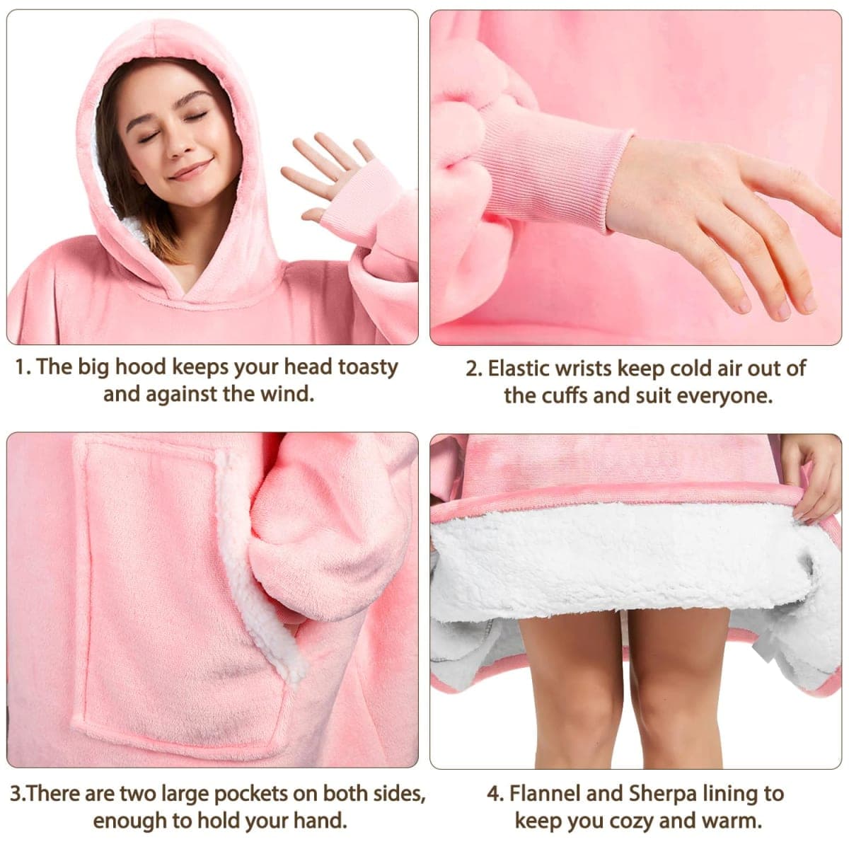 Gocvo Wearable Blanket, Blanket Hoodie Soft Warm Sweatshirt Gifts for Mom Adults Women Men Kids Wearable Blanket Hoodie with Pocket (Pink) thumbnail 3